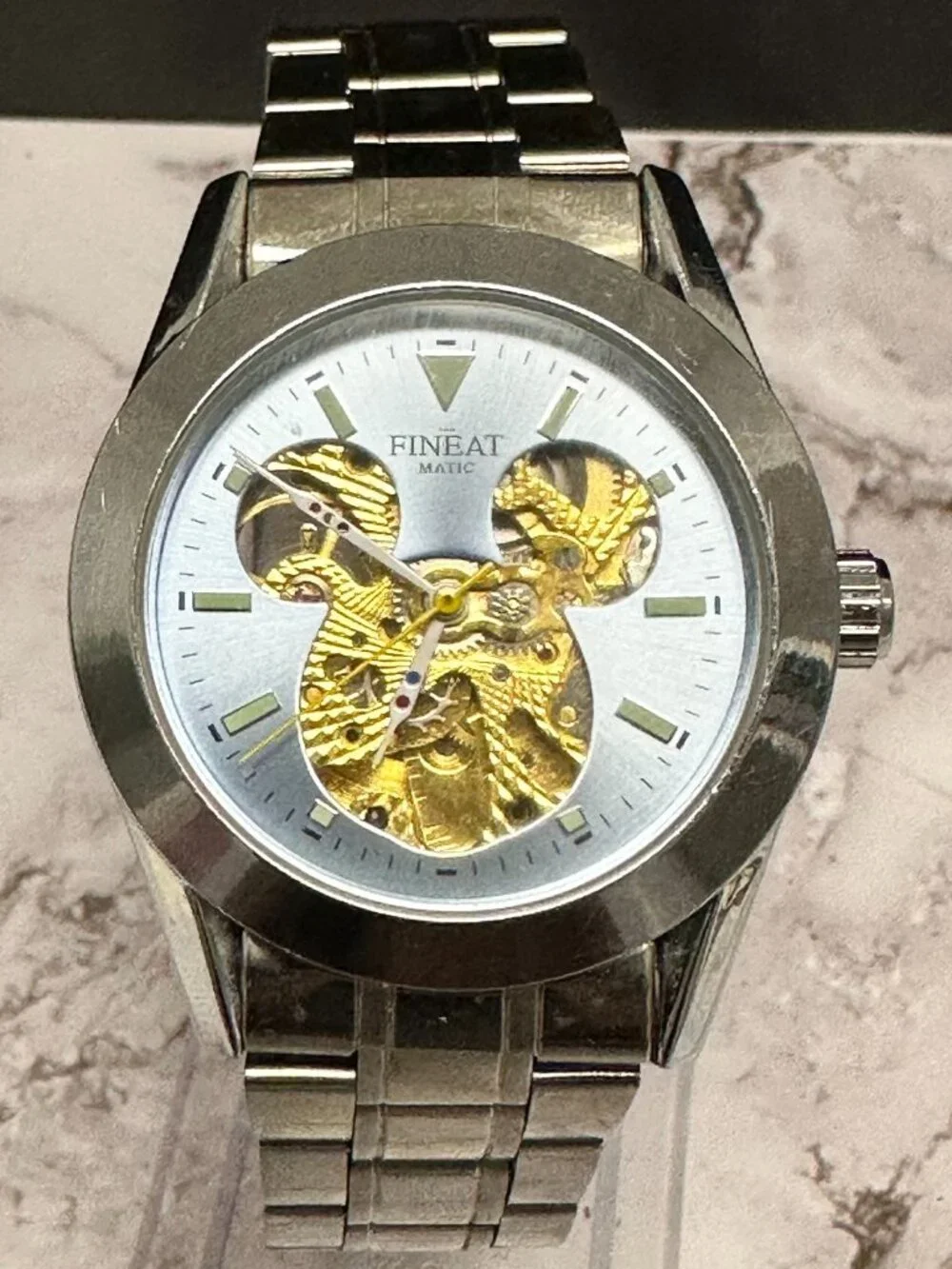 Fineatmatic Watch Men Silver Tone Skeleton Automatic Dial Mouse Ears 38MM 8.5